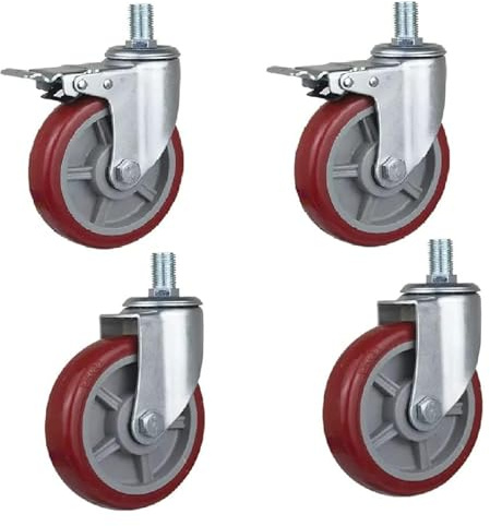 4 Lenkrollen mit Gewinde M16 × 30, verstärkte Schrauben, hohe Traglast 300–400 kg, mit Bremse, geräuscharm, PU-Drehgelenk, for Gerüste, Möbelwagen, Werkbänke, 3'', 4'', 5''(5in 2brake+2swivel)