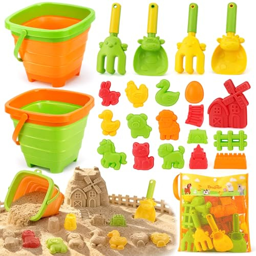 Giochi da Spiaggia Bambini 29 PCS Tema Fattoria, Set Giochi Sabbia Bambini con 2 Secchielli Pieghevoli, 22 Stampini Animali e Castello, Pala e Accessori, Giocattoli da Spiaggia per Bambini 3+ Anni