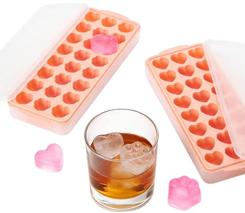 2er-Pack Eiswürfelbehälter Herz- und Katzenpfotenform mit Deckel | 48-fach, Silikon, Mini Herzform, Spülmaschinenfest, Mit Behälter