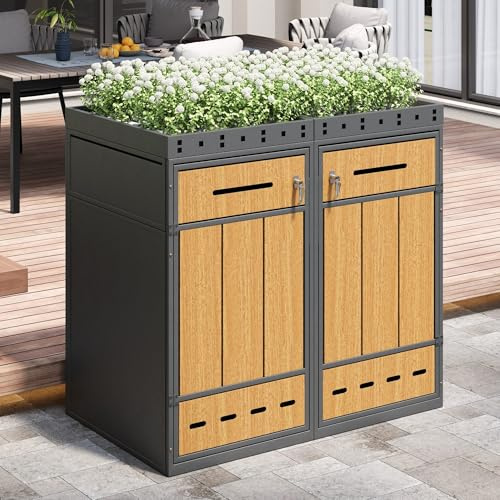 RAPRAP 4 Boîtes À Poubelles Avec Toit Végétal Quatre Cache-Poubelles De 120-240 Litres Armoire À Poubelles Pour Poubelles Boîte À Poubelles, Aspect Bois,2 bin