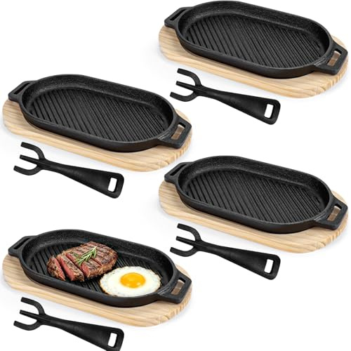 DHNDO 4 Pcs Cast Iron Skillet Set with Wooden Base, Fajita Grill Pan, Large