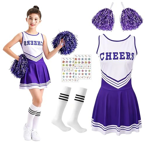 Fancysky Déguisement Pompom Girl Enfant, Costume Cheerleader Fill,Tenue Pompom Girl Uniforme avec Pompoms Cheerleader Chaussettes et 2 Autocollants, Carnaval Halloween Cosplay Mascarade (Violet, 150)