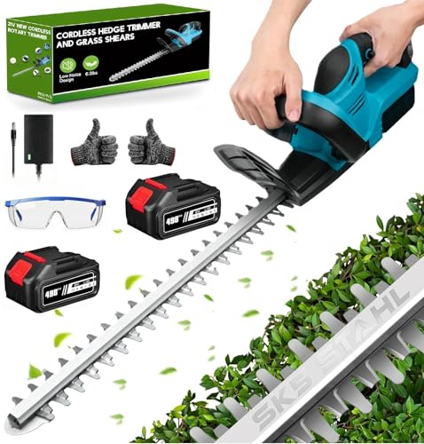 Taille Haie sans Fil 21V, 1000W Taille Haie Batterie avec Batteries 6,0 Ah, Lame Double Action 52 cm et Écartement 15 mm, Taille-Haie Électrique Léger pour Haies, Arbustes et Jardin (avec 2 Batteries)