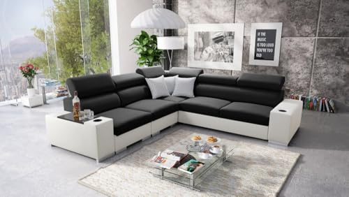 IM SOFA Ecksofa L-Form mit Schlaffunktion PERS III – Moderne Wohnzimmer Couch (Schwarz Sawana + Weißes Kunstleder, Links)