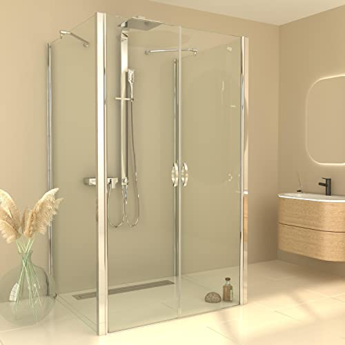 BIJON Duschkabine U Form 70x90 Dreiseitig Klarglas, Dusche Uform Duschkabine 70x90x195 cm - Nano, Lotuseffekt, Duschkabine 3 Seitig mit Pendeltür, Duschabtrennung ECHT-Glas