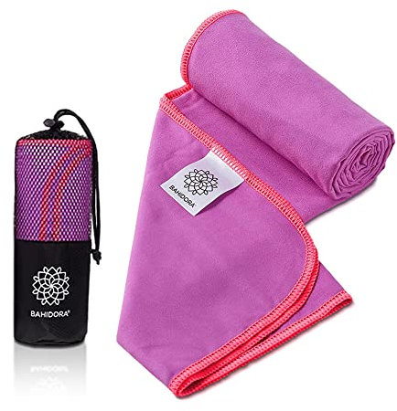 Bahidora® Mikrofaser Handtuch in 16 Farben, schnell trocknendes Reisehandtuch mit Tasche und Aufhängeschlaufe, ultraleichtes und kompaktes Outdoor Handtuch (L 80x160 cm, lila/neonpink)