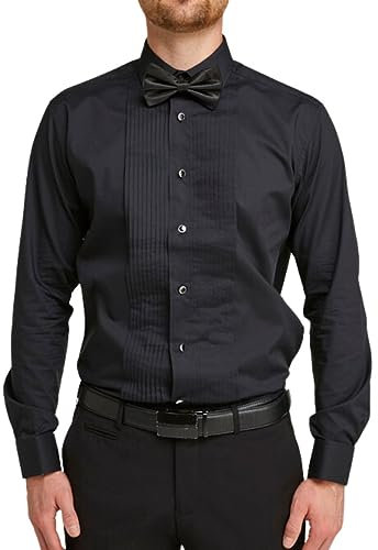 Double TWO Men's Black Stitch Pleat Dress Shirt (Collar 22,Black)