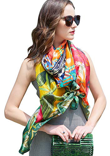 DANA XU 100% Maulbeerseide Satin Sommer-Reiseschal, extra groß, Damen, florales Muster, Übergröße, weicher Schal für Abendkleider, 90 * 43.3 inches (2.3 * 1.1m)