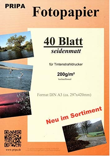 pripa Fotopapier din A3, 40 Blatt seidenmatt seidenglanz satin beschichtet, 200g/m² für Tintenstrahl - InkJet Drucker