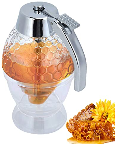 Agatige Honey Dispenser with Storage Stand, Syrup Dispenser Jar Container Acrylic Honey Pot Liquid Food Container Honeycomb Honey Jar for Syrup, Sugar, Sauces, Condiments