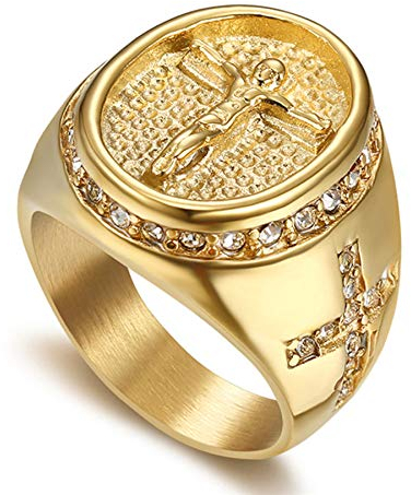 Flongo Herren-Ring Männer Rosenkranz-Ring Daumenring Bandring Siegelring Gold Golden Kreuz Kruzifix Jesus Herren-Accessoires Größe 59