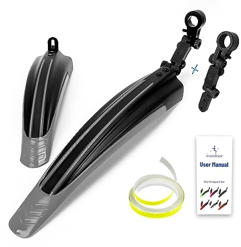 ioutdoor Bike Mudguard Set with 27ft DIY Reflective Tape, Bike Fenders Set Adjustable,Bicycle Front and Rear Mud Guard Fits for 20,22,24,26,27,28 MTB Mountain Road Bike Cycling (Black Grey)