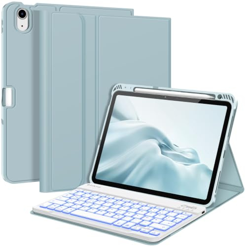 FINTIE Hülle mit Tastatur für iPad Air 11 Zoll(M4/M3/M2),iPad Air 5/4 10.9 | 7-farbig beleuchtete, magnetisch abnehmbare Tastatur, TPU-Rückseite, Schutzhülle mit Stifthalter, QWERTZ, Eisblau