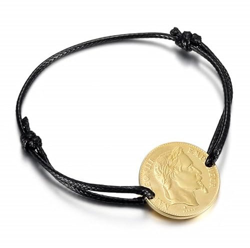 BOBIJOO Jewelry - Bracelet Cordon Noir Napoléon Louis d'or Minimaliste Acier Inoxydable Plaqué Doré Or