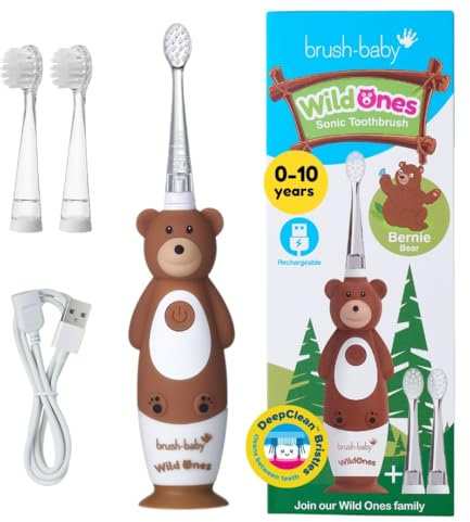 Brush-Baby – Wiederaufladbare Elektrische Kinderzahnbürste, 0–10 Jahre – WildOnes, Bärendesign mit Blinklichtern – DeepClean-Borsten für Gründliche Reinigung – 2 Ersatzköpfe & 1 USB-Kabel