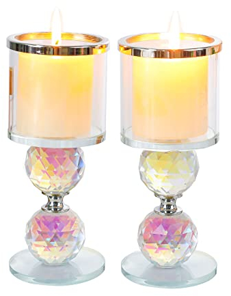 Set of 2 Crystal Hurricane Candle Holders for Pillar Candlesticks, Silver Rim Clear Glass Ornaments for Living Room Tealight Candle Sticks Centerpiece for Fireplace on Wedding Party (6.1)