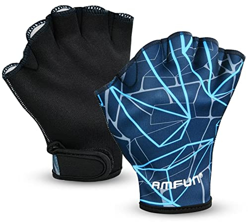 AMFUN Guantes Acuáticos, Guantes Palmeados Piscina, Guantes de Natación Reticulados, Guantes Palmeados Piscina, Guantes de Agua Natación, para Hombres Mujeres (Estampado Azul Marino-M)