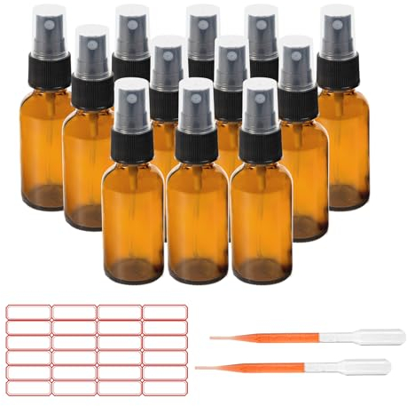 ALWSCI Botellas de Vidrio ámbar con Atomizador de 12 unidades, Botellas de Vidrio Boston de Niebla Fina de 1 Onzas, Botella Pequeña de Spray para Aceites Esenciales