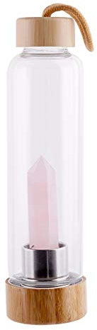 Bouteille d'eau en cristal de quartz avec couvercle en bambou, bouteille d'eau en verre de cristal naturel for faire de l'eau infusée de pierres précieuses de guérison, avec sac de tasse/60 ( Color :