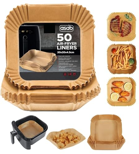 ASAB Air Fryer Liners Disposable Pack of 50 Non Stick Food Grade Pulp Paper Liners for Baking Roasting Cooking Heat Resistant Air Fryer Paper for Meat Veggies Chips Tray Protection & Cleaning