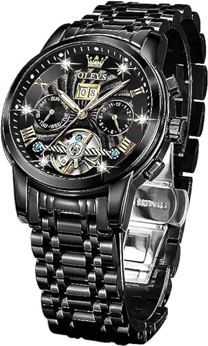 OLEVS Automatische Herrenuhr Tourbillon Selbstaufzug Mechanik Luxus Business Edelstahl Leuchtende Wasserdichte Armbanduhr, Schwarz , Klassisch