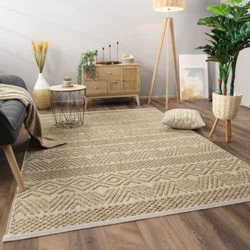 Paco Home Teppich Wohnzimmer Schlafzimmer Kurzflor Skandinavisches Boho Muster Geometrische Optik Einfarbig Moderne Deko, Grösse:80x150 cm, Farbe:Natur