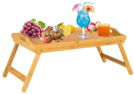 Mantraraj Bamboo Bed Tray Table with Foldable Legs And Handles Breakfast Tray for Sofa, Bed, Eating, Platters, Working, Serving, Drawing, Laptop Stand, Wooden Snack Laptop Tray - 60.5W x 30L x 23Hcm