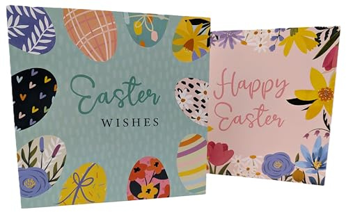 8 Happy Easter Cards with Envelopes – Colourful Easter Egg & Spring Flowers Designs – Premium Quality 210 GSM Cardstock – 12x12cm – Ideal for Family, Friends & Colleagues – Designed in the UK