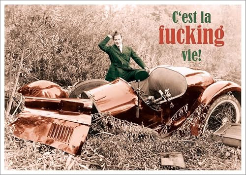 Gutsch Verlag Lustige Postkarte mit Vintage Auto und Humorvollem Spruch - C'est la fucking vie! - Retro Stil, Sarkasmus, Geschenkidee für Freunde & Familie, Witzige Postkarte