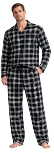 BEEYANOPAL Ensemble Pyjama Homme Flanelle 100% Coton Doux Chaud Haut boutonné Pantalon élastique à Carreaux avec Poches