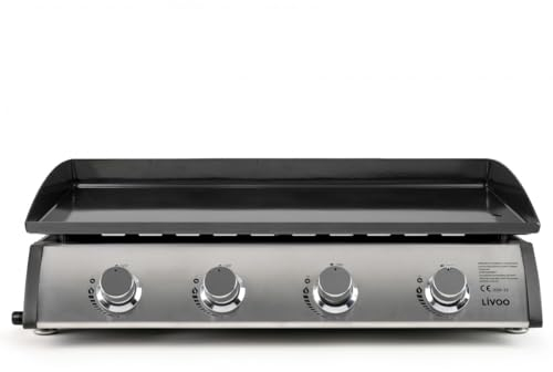 Livoo - Plancha DOC297-4 brûleurs de 10kW en acier inoxydable, surface cuisson 76x36cm, 12 personnes, plaque 3,5 mm, butane et propane