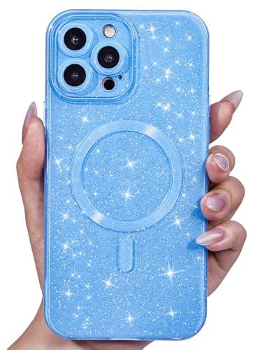 Svanove Glitter Case for iPhone 15 Pro Max Phone Case Magnetic Compatible with Magsafe, Sparkle Bling Shiny Cute Girly Design, Aesthetic Slim Soft TPU Mag Cover for Women Girl, Light Blue