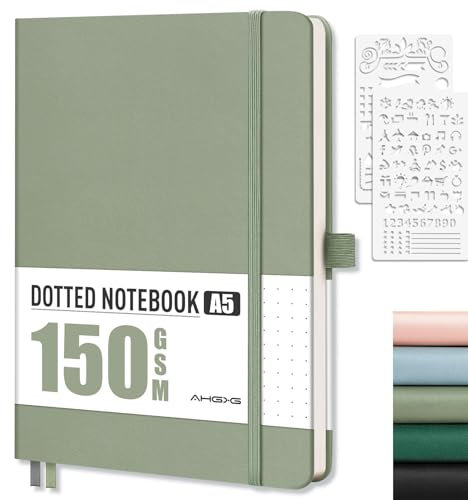 AHGXG Bullet Dotted Journal – 150 g/m² Punktraster Notizbuch, dickes säurefreies Papier, A5 gepunktetes Notizbuch, 128 Seiten, Leder-Hardcover, Innentasche, Tagebuch-Schablone, 14 x 21 cm, Salbeigrün