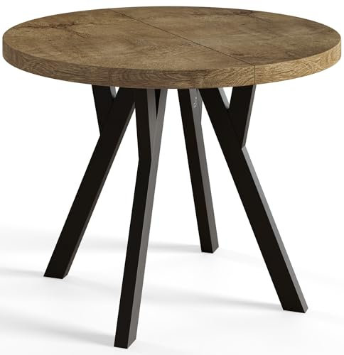 AlpiMeble Runder Esszimmertisch OVO, ausziehbarer Tisch Durchmesser: 80 cm bis 130 cm, Wohnzimmertisch Farbe: LEFKAS, mit Holzbeinen in Farbe Schwarz