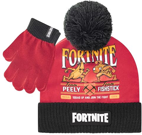 FORTNITE Jungen Winter Beanie Mütze und Schneehandschuhe für Jungen 2-teiliges Set, Schwarz/Rot, 5-13 Years