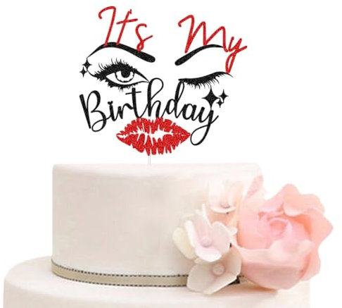 ZLPDS It's My Birthday Cake Topper Funny Birthday Party Decorations for Girls Women Red Lip Eye Happy Birthday Cake Decor Black Red Glitter