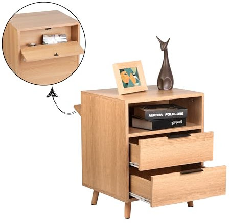 ZMARKRAFT Nightstand with Hidden Compartment | Mid Century Modern Nightstand with Concealed Storage | Vintage Bedside Table | Perfect for Storing Small Valuables (1, Natural, Large)