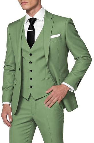 HUUTOE Men's 3 Piece Suits Slim Fit Prom Wedding Suits for Men Suit Summer Blazer Jacket Vest Pants Tuxedo Set, Light Green, L