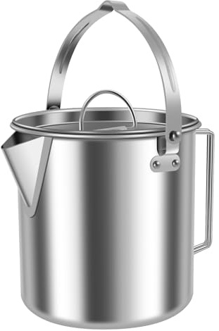 Sutowe Camping Tea Kettle 1.2L Stainless Steel Coffee Pot with Lid and 2 Handles Outdoors Portable Water Pot Picnic Water Boiler for Camping Hiking Picnic Backpacking