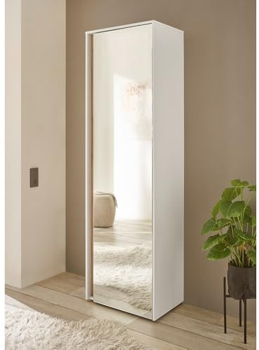 Lomadox Flurschrank Schrank Garderobenschrank mit Spiegel in weiß mit Eiche