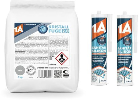 1A Kristallfuge 2.0 grau 5kg + 1x Fugbrett Moosgummi + 1x Fliesenwaschbrett 30mm – Alles für präzises Verfugen und gründliche Reinigung Ihrer Fliesen in einem Set