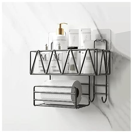 Shower Organizer Toilet Wall Storage Rack Washstand Double Layer Cosmetic Storage Rack with Tissue Holder and Hook Wall Mounted Metal Storage Rack Without Punching Bathroom Shower Shelves(Black)