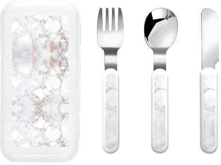 White Marble Rose Gold Print Stainless Steel Utensil Set,High Grade BPA Free Stainless Steel, Easy Grip Handles