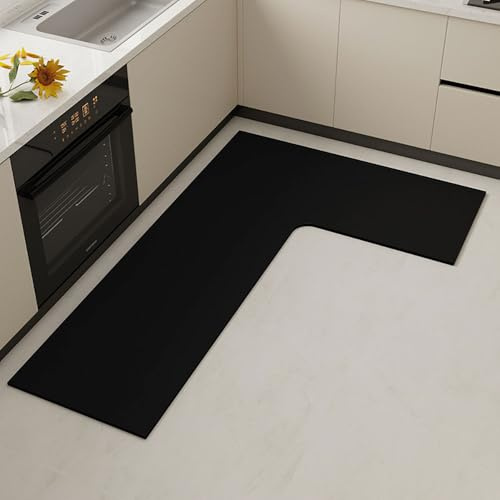 Hixingo Küche Teppich rutschfest, Links L Form Abwaschbar Kieselgur Küchenläufer, Schnelltrocknend Küchenteppich Absorbierend Teppich Läufer Küchenmatte (Einfarbig-Schwarz,100x150cm)