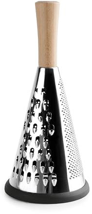 LACOR - 61366 - Konische Reibe aus Edelstahl, Griff aus Buchenholz, drei Arten von Gitterrosten, rutschfester Boden, 12 cm x 27 cm