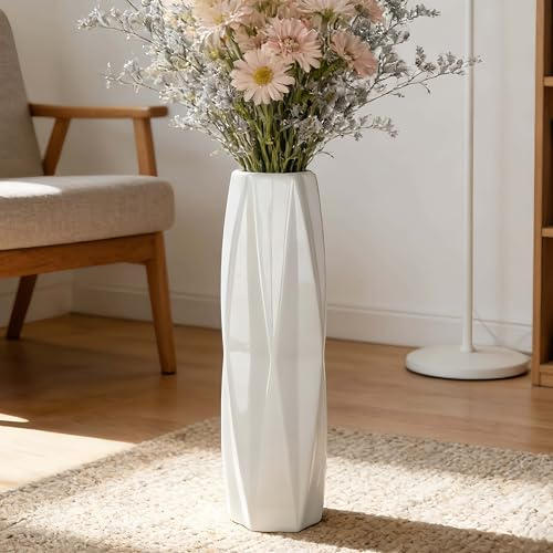 JIDOFUE Jarrón de pie de cerámica blanca de 45 cm, gran jarrón decorativo para salón, oficina y dormitorio, decoración moderna de bodas, esmalte brillante