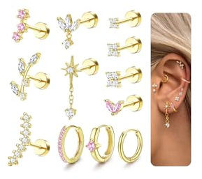 Milacolato 12Pcs Helix Piercings Chirurgenstahl Ohrringe Gold Piercing Ohrstecker Set Tragus Piercing Silber Hypoallergen Rook Daith Conch Knorpel Ohrpiercing Helix Piercings Ohr Schmuck für Damenfgp