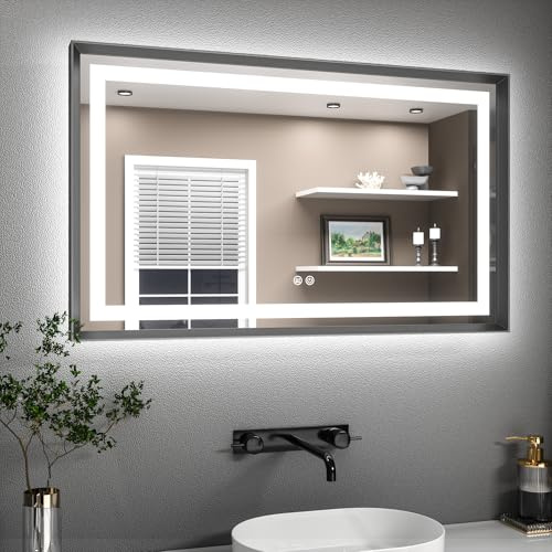 TETOTE Badspiegel mit Beleuchtung Schwarz Metallrahmen 100x60cm, Badezimmerspiegel Beleuchtet Beschlagfrei Wandspiegel Led Bad Spiegel mit Touch-Schalter, 3 Lichtfarben Dimmbar Speicherfunktion