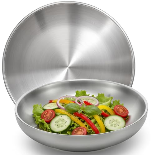 WUWEOT 2 Pack 304 Stainless Steel Dinner Plate, 22 x 5 cm Double Layered Metal Round Salad Bowl, Frosted Dessert Plate with Non-Slip Base for Homr Kichten, Camping, Picnic, Snack and BBQ