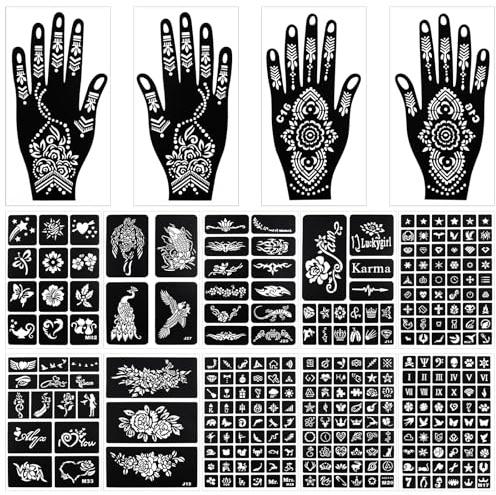 alwaiiz 281 Stück Henna Schablonen, 14 Blätter Temporäre Henna Tattoo Schablone, Glitzer Tattoo Schablonen für das Gesicht, die Hände, die Füße und den Rücken